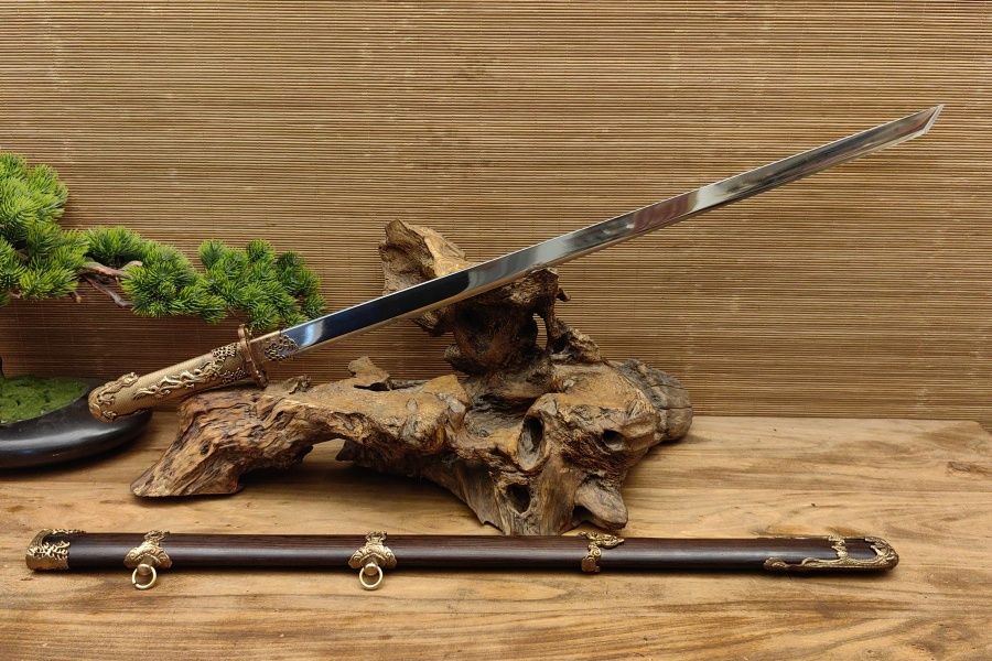 【镔铁水龙唐刀】Patterned Wootz Steel Tang Dynasty Dao – “Water Dragon” Clay-Hardened Blade