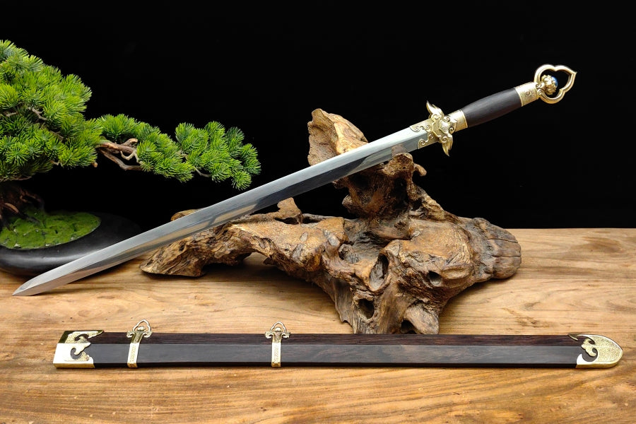 【莲花装黑檀鞘宋剑】Lotus-Fitted Song Dynasty Jian – Ebony Scabbard, Hand-Forged Spring Steel