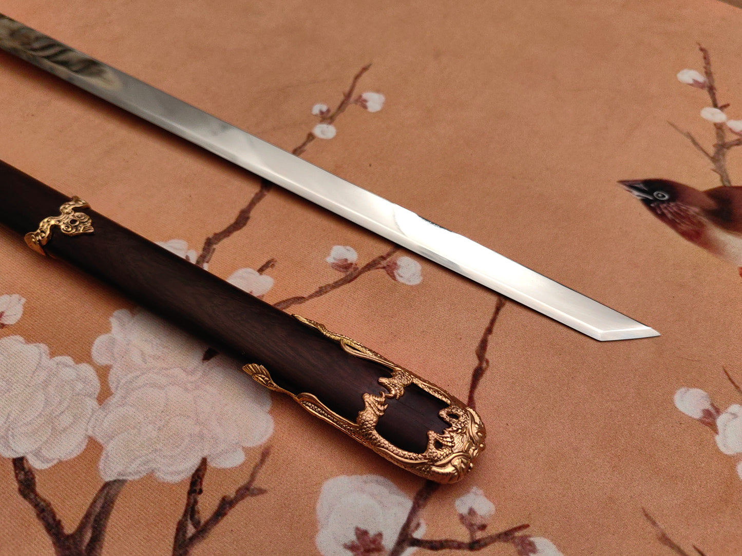 【镔铁水龙唐刀】Patterned Wootz Steel Tang Dynasty Dao – “Water Dragon” Clay-Hardened Blade