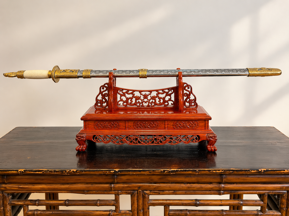 Traditional Chinese Solid Wood Sword Stand – Hand-Carved Display Rack