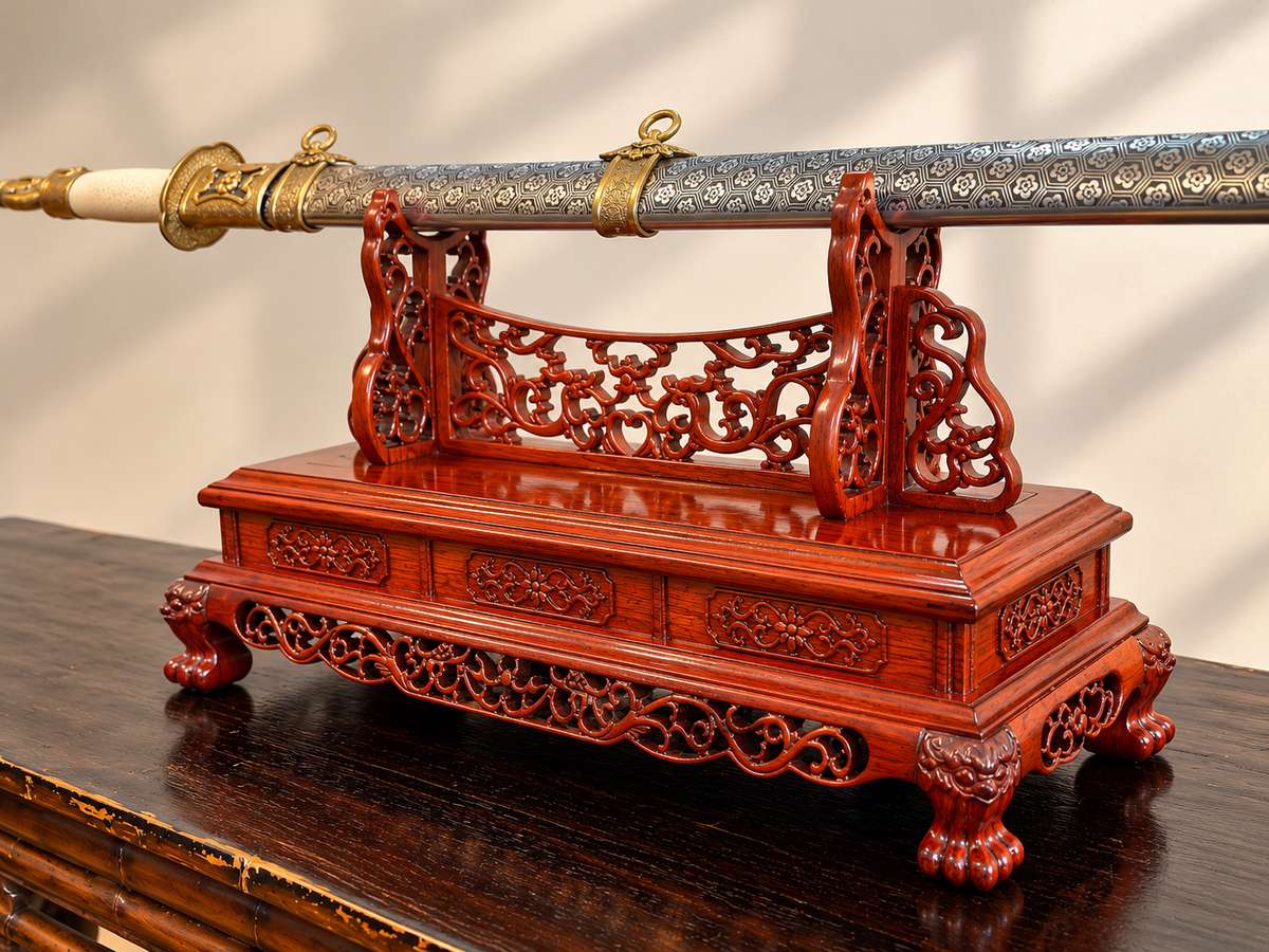 Traditional Chinese Solid Wood Sword Stand – Hand-Carved Display Rack